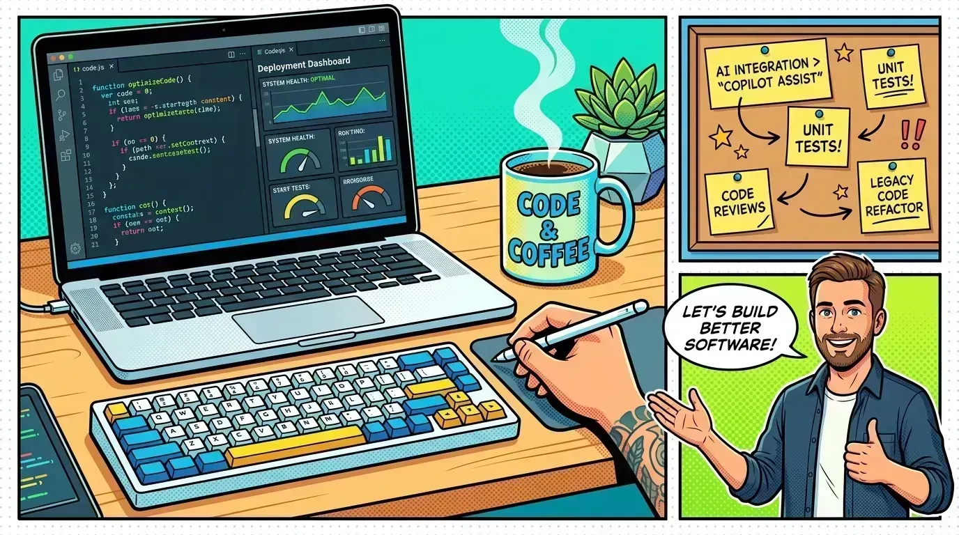 Final workspace visual of a senior developer desk in pop-art comic style