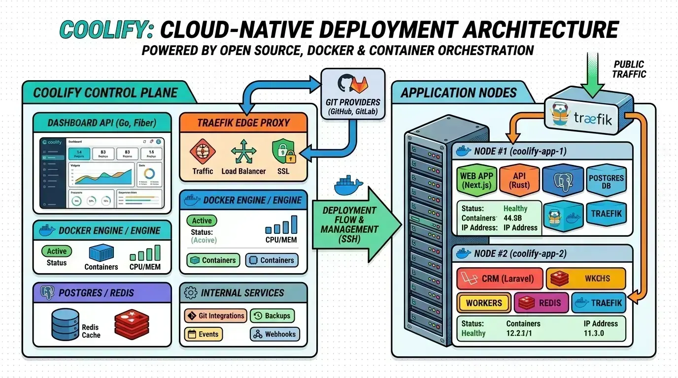 Architecture diagram of Coolify control plane and app nodes