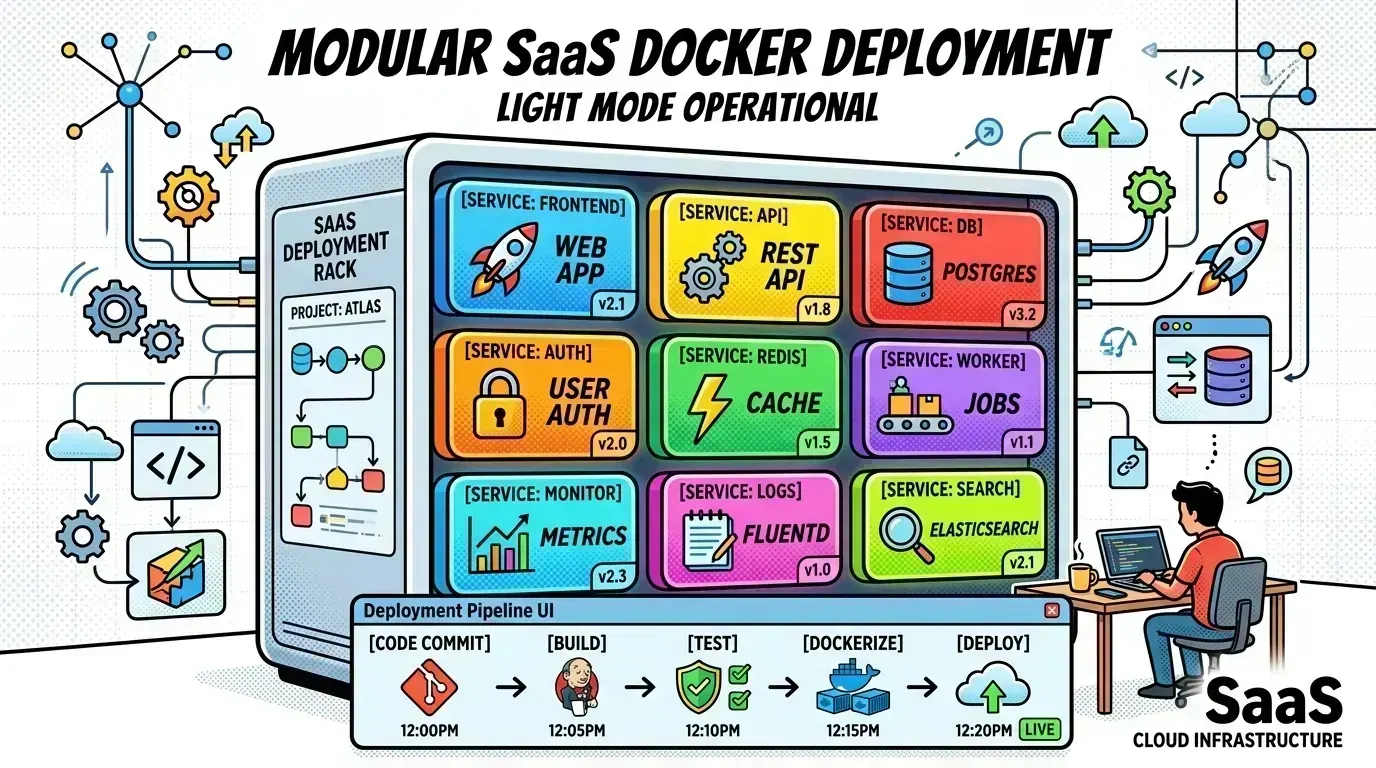 Pop-art rack of Docker containers stacked in a modular grid