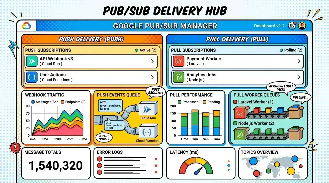 Dashboard mockup comparing pull and push subscription metrics