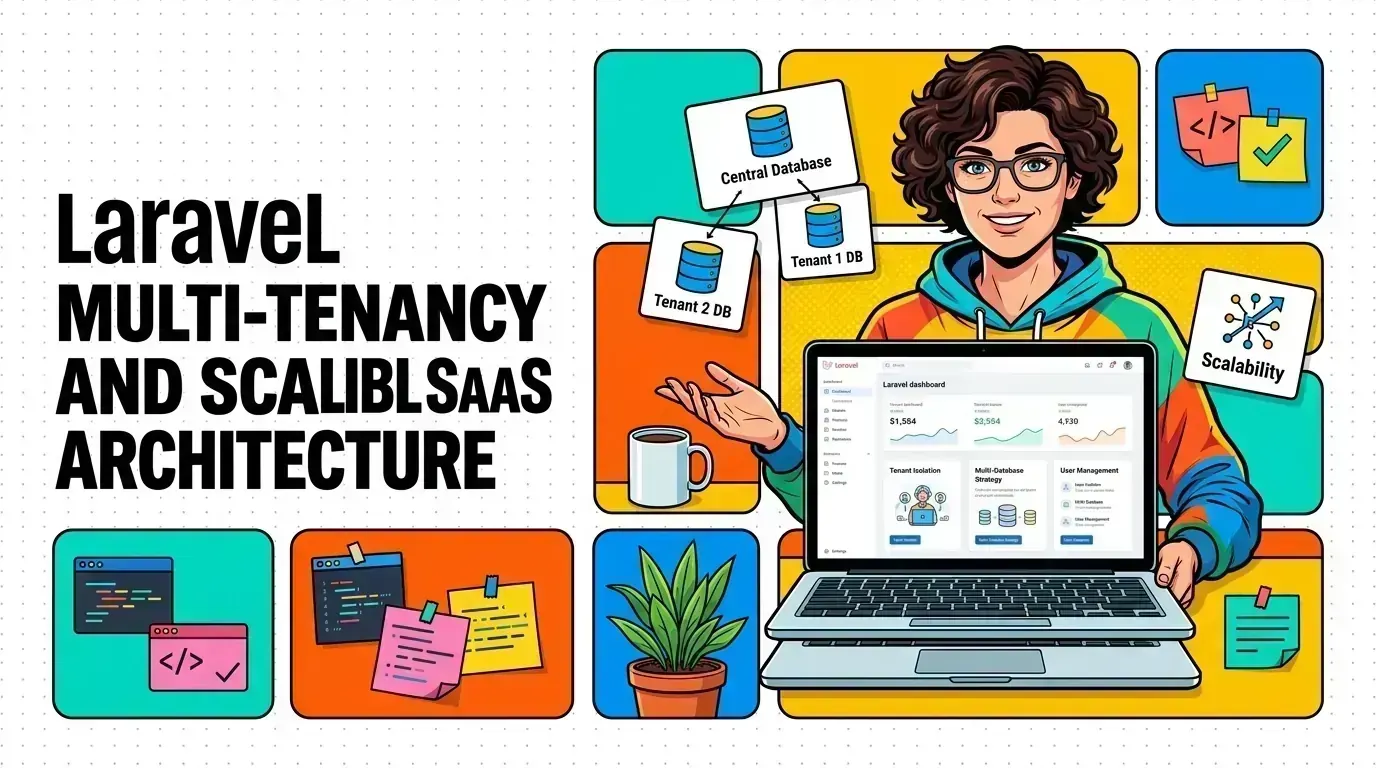 Pop-art illustration of a Laravel SaaS serving many isolated tenants