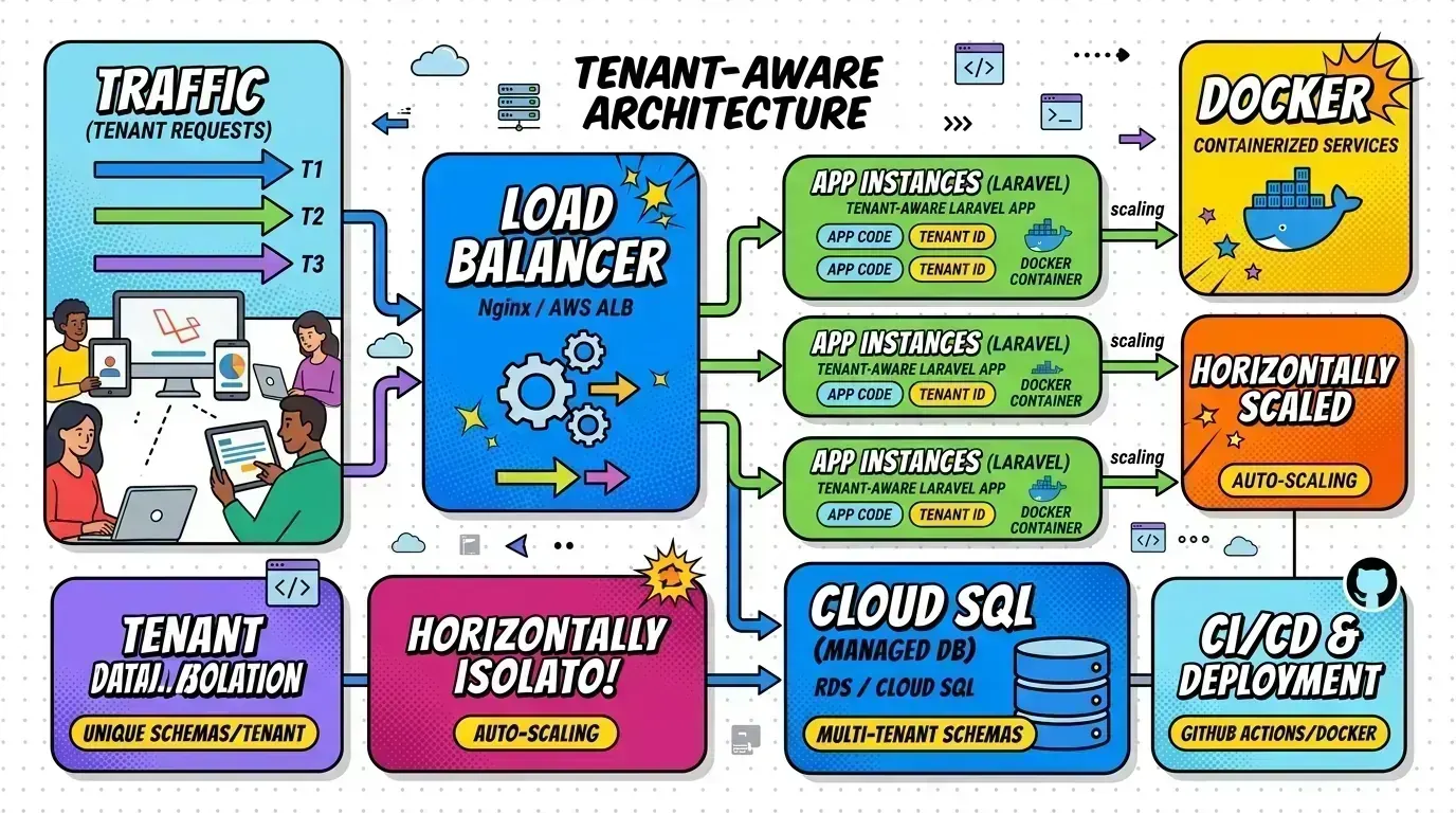Cloud infrastructure diagram for a multi-tenant Laravel deployment