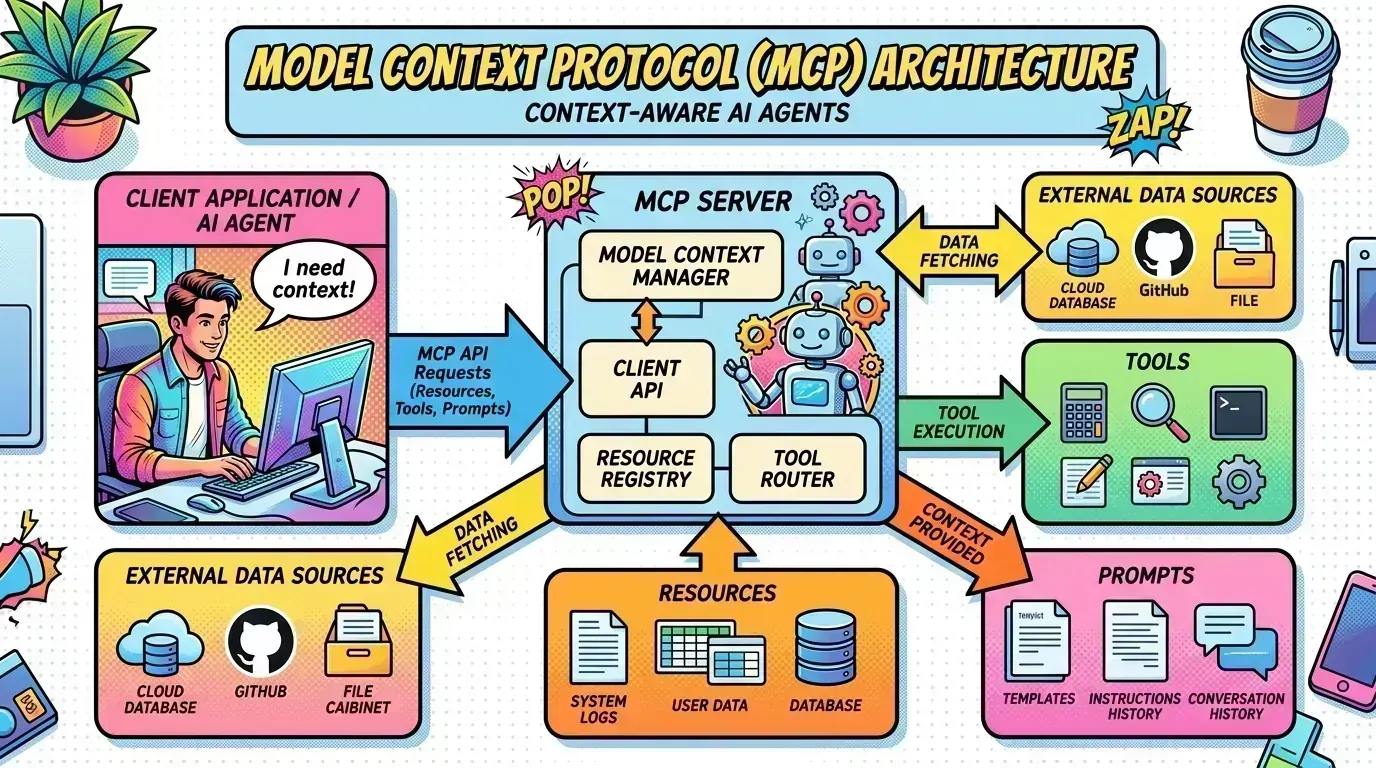 Architecture diagram showing MCP servers bridging an AI client to many data sources