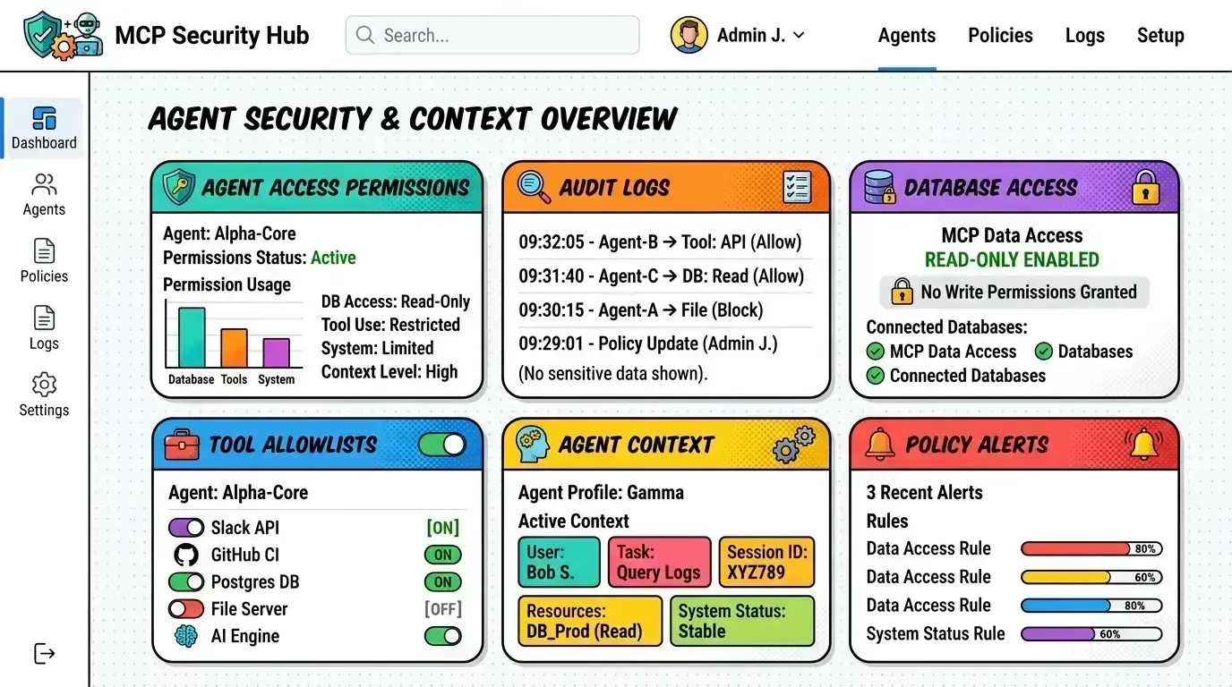 Dashboard mockup of an MCP server admin showing fine-grained tool permissions