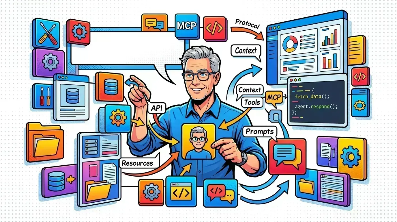 Pop-art illustration of an AI agent plugged into multiple data sources via MCP