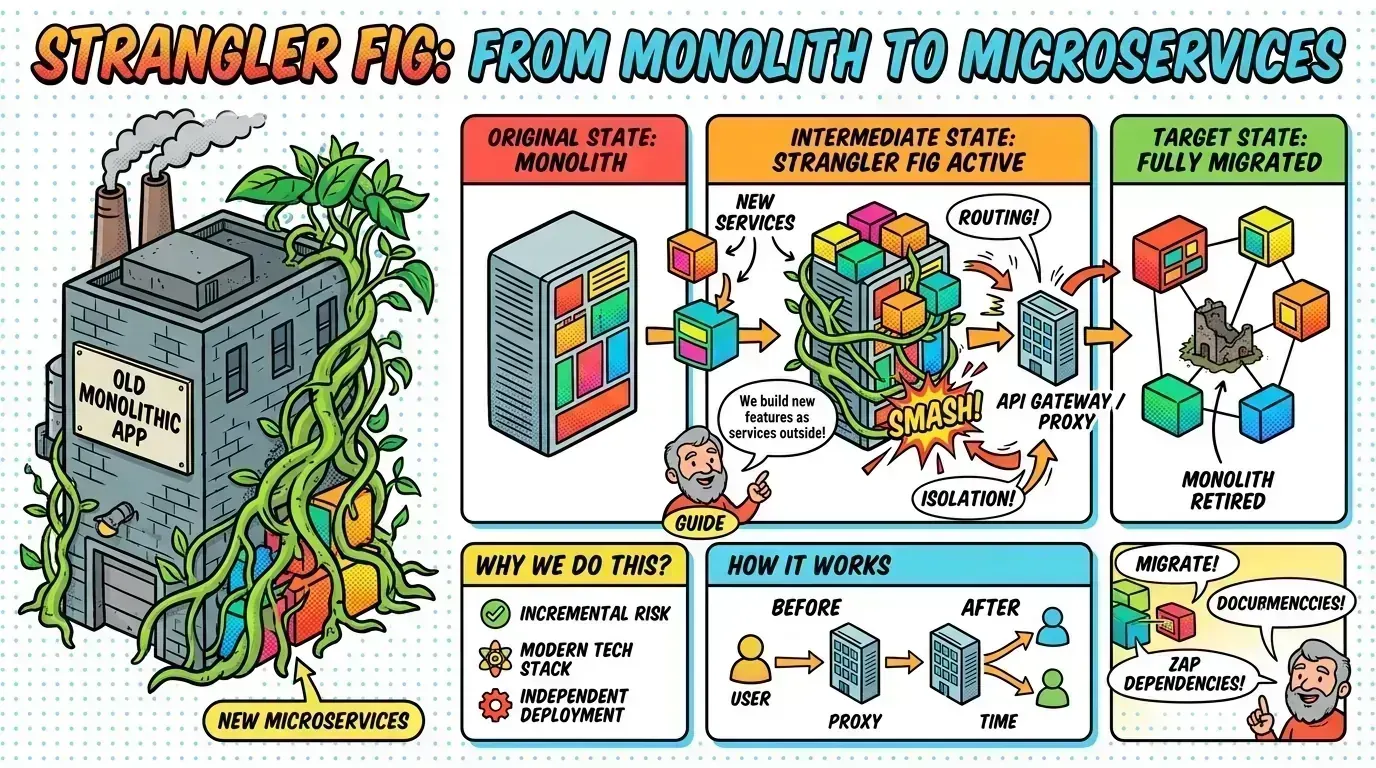 Strangler fig pattern diagram — new services wrap the legacy monolith