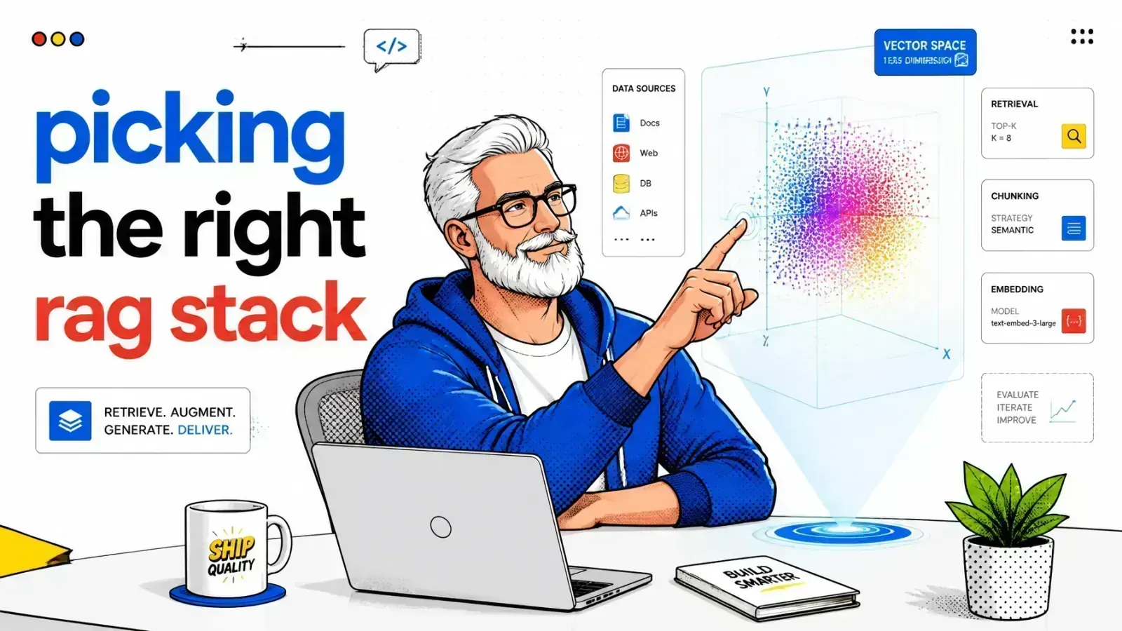 Illustration of a librarian robot picking the right book — vector database as RAG memory