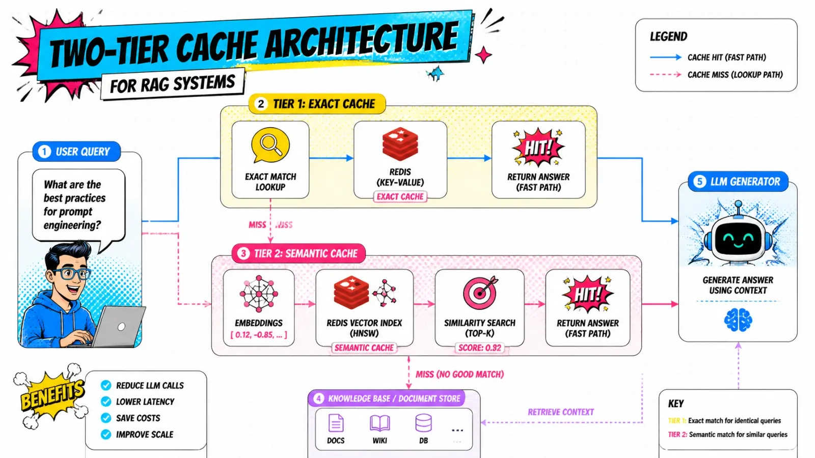 Two-tier cache architecture — exact match, semantic match, LLM fallback
