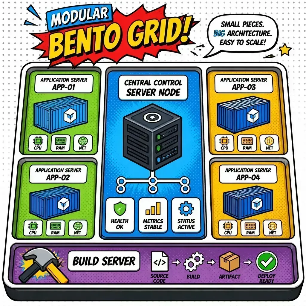 Multi-server architecture bento grid showing control plane and app nodes