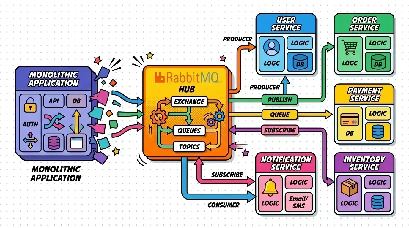 Architecture diagram of producers, exchanges, queues, and consumers