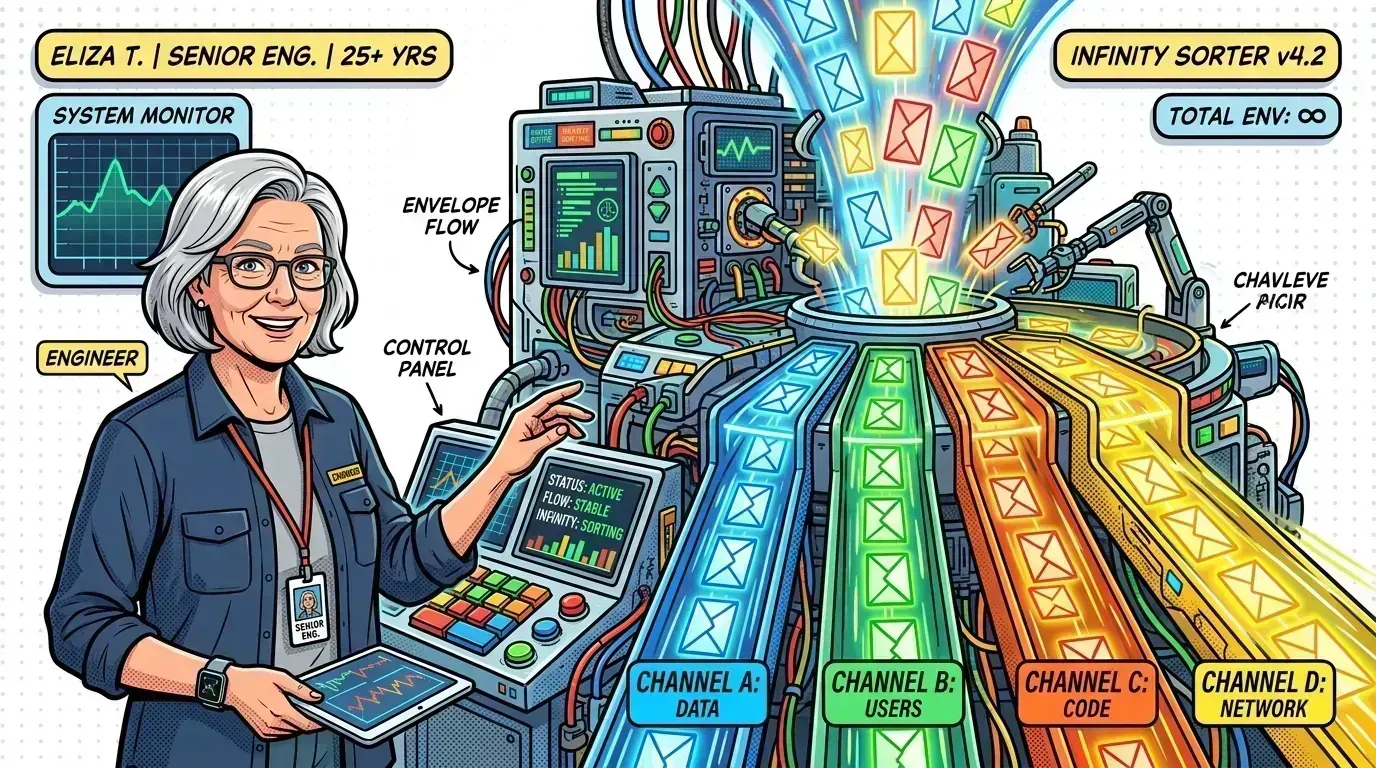 Pop-art illustration of RabbitMQ routing messages between web servers and workers