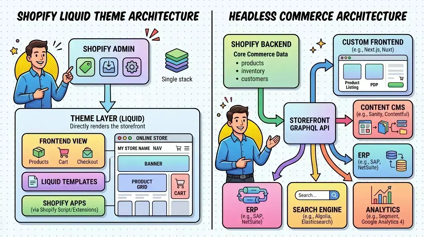 Architecture diagram of a headless Shopify stack with custom frontend and integrations