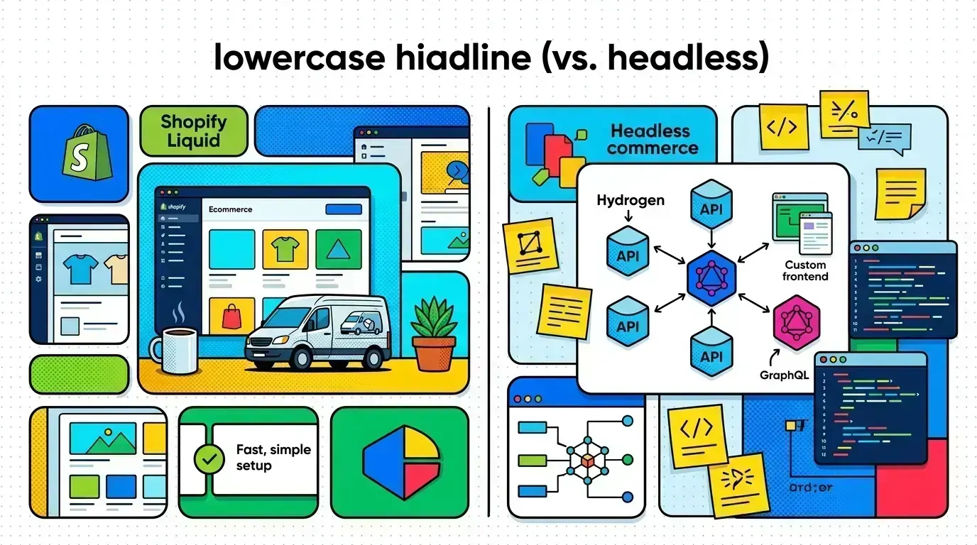 Pop-art split illustration of a Liquid theme vs a headless Hydrogen storefront