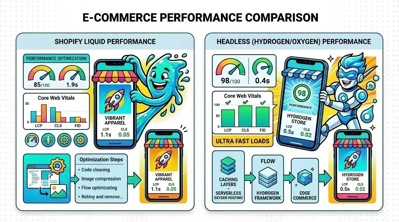 Performance metrics dashboard comparing Liquid vs headless storefront