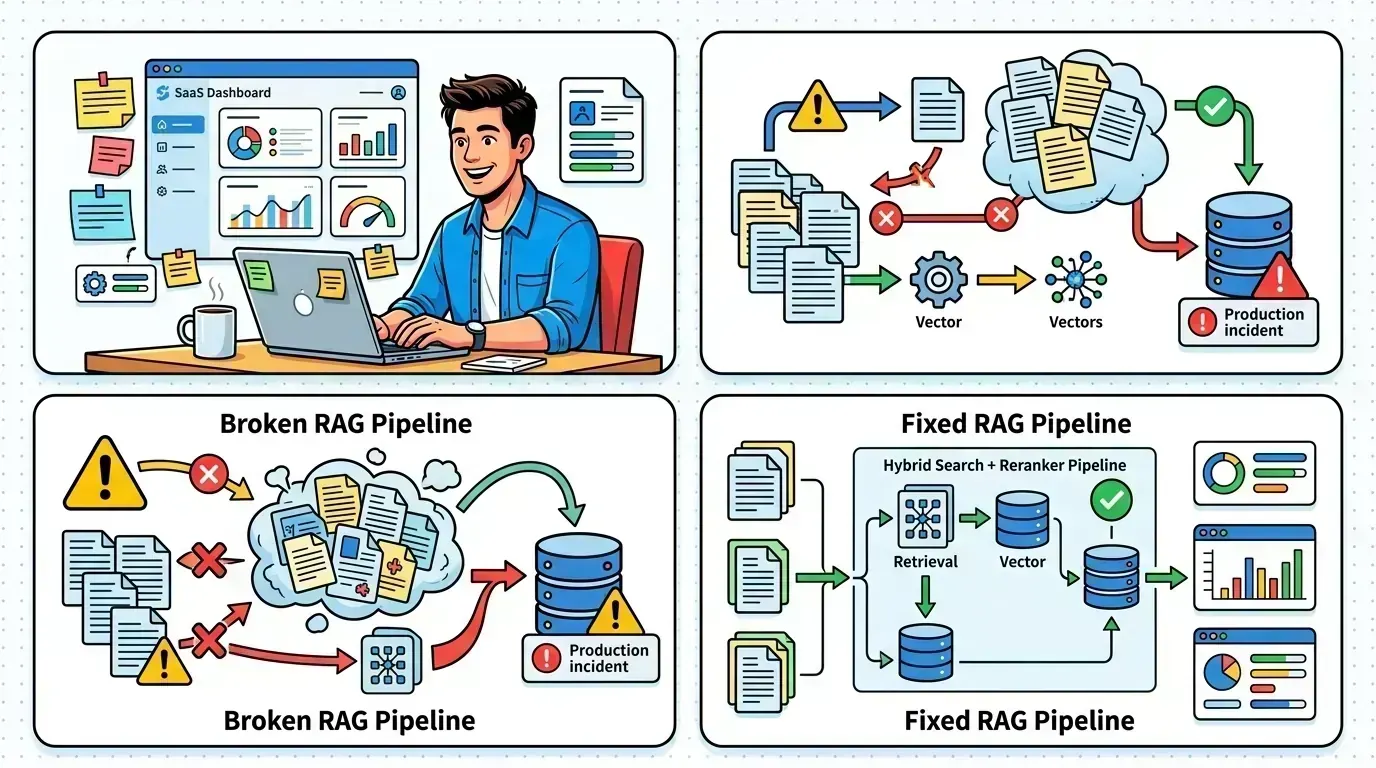 Pop-art illustration of a RAG pipeline breaking under production load